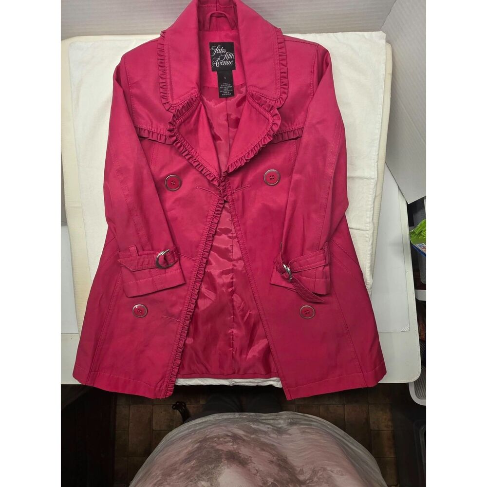 Saks Fifth Avenue Girls Size 5 Pink Trench Coat Ruffle Double Breasted Jacket